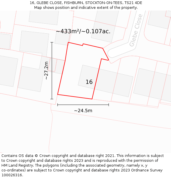 16, GLEBE CLOSE, FISHBURN, STOCKTON-ON-TEES, TS21 4DE: Plot and title map