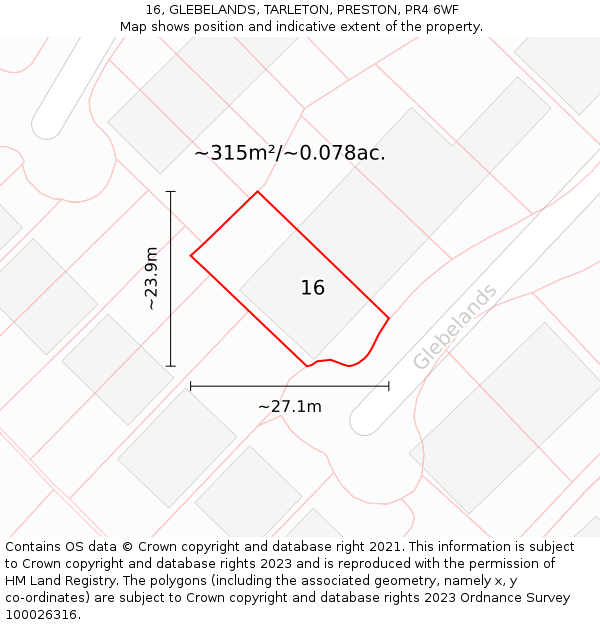16, GLEBELANDS, TARLETON, PRESTON, PR4 6WF: Plot and title map