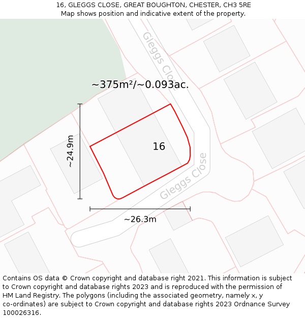 16, GLEGGS CLOSE, GREAT BOUGHTON, CHESTER, CH3 5RE: Plot and title map