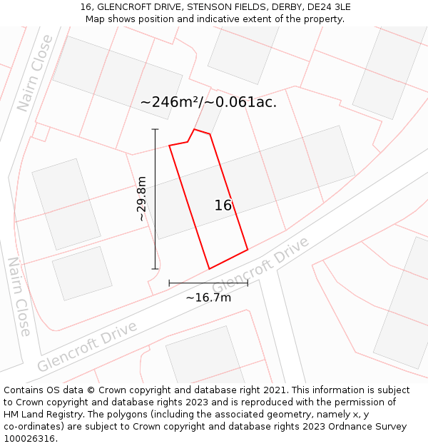 16, GLENCROFT DRIVE, STENSON FIELDS, DERBY, DE24 3LE: Plot and title map