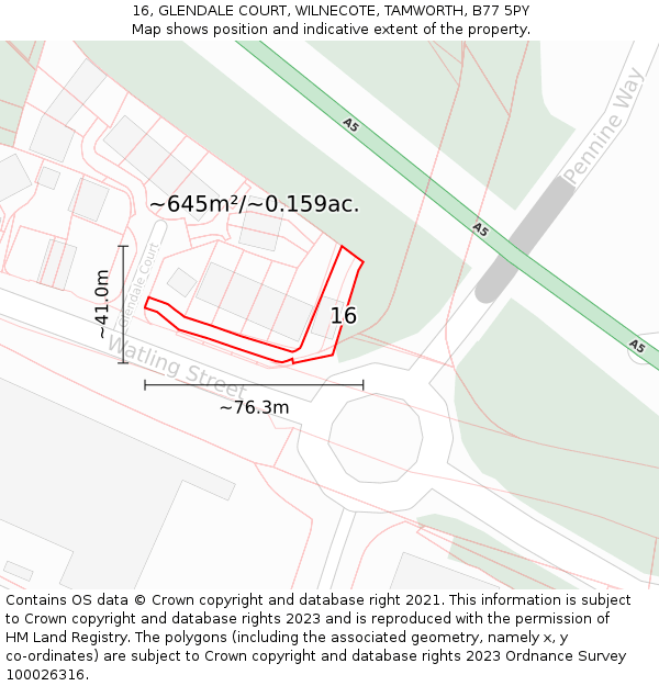 16, GLENDALE COURT, WILNECOTE, TAMWORTH, B77 5PY: Plot and title map