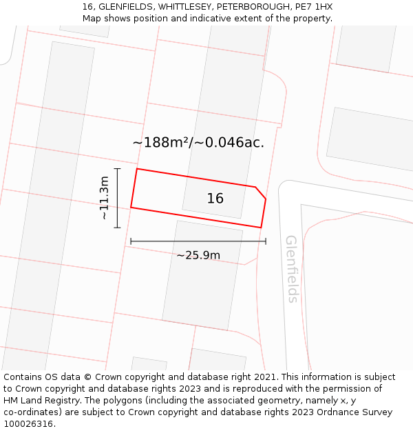 16, GLENFIELDS, WHITTLESEY, PETERBOROUGH, PE7 1HX: Plot and title map
