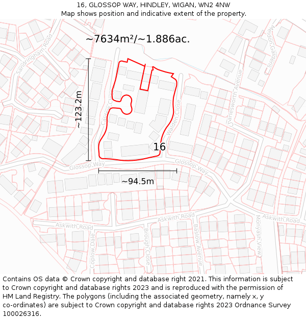 16, GLOSSOP WAY, HINDLEY, WIGAN, WN2 4NW: Plot and title map