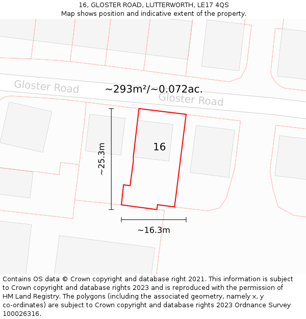 16, GLOSTER ROAD, LUTTERWORTH, LE17 4QS: Plot and title map