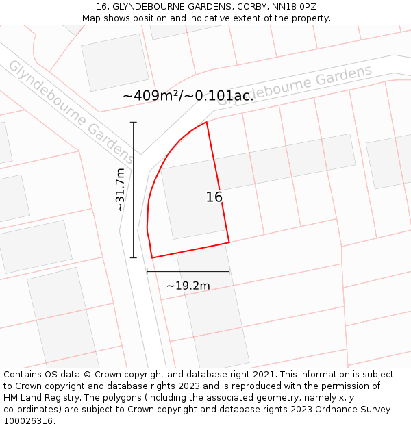 16, GLYNDEBOURNE GARDENS, CORBY, NN18 0PZ: Plot and title map