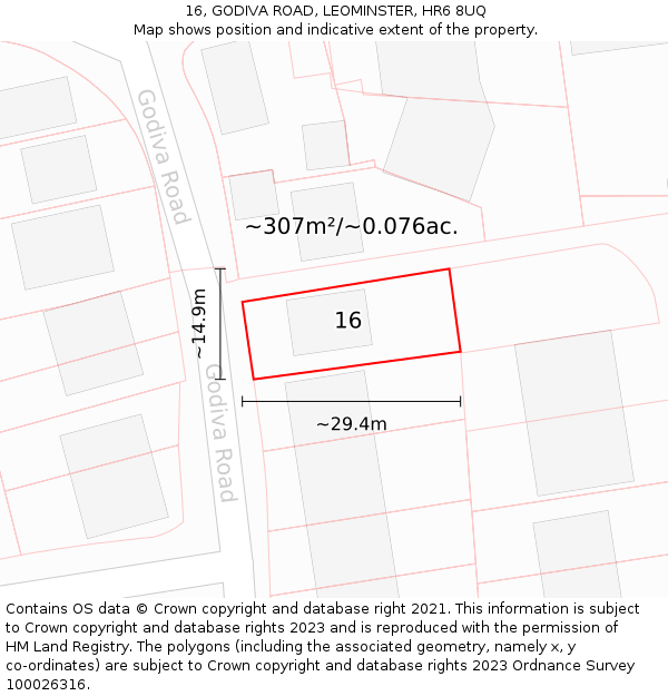 16, GODIVA ROAD, LEOMINSTER, HR6 8UQ: Plot and title map