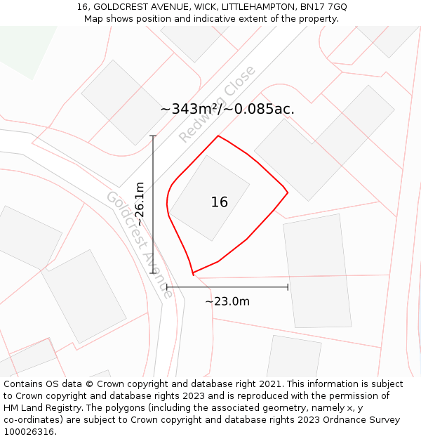 16, GOLDCREST AVENUE, WICK, LITTLEHAMPTON, BN17 7GQ: Plot and title map