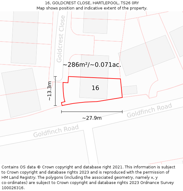 16, GOLDCREST CLOSE, HARTLEPOOL, TS26 0RY: Plot and title map