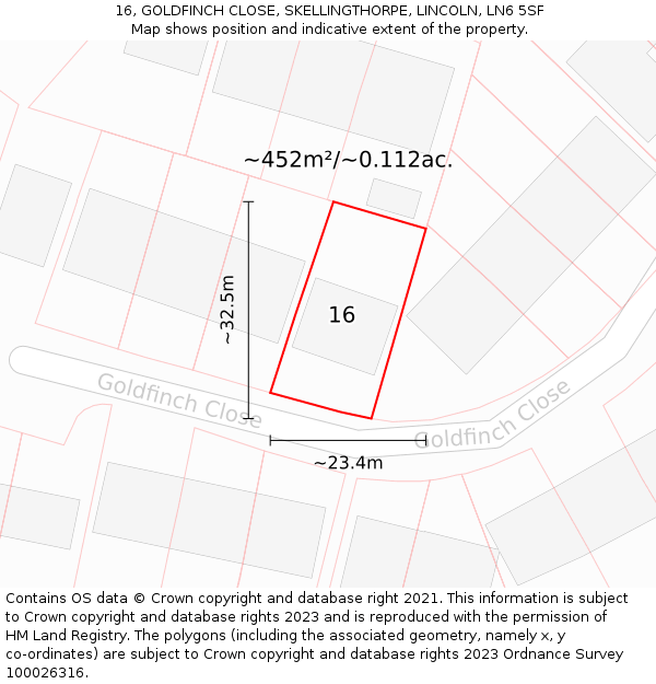 16, GOLDFINCH CLOSE, SKELLINGTHORPE, LINCOLN, LN6 5SF: Plot and title map