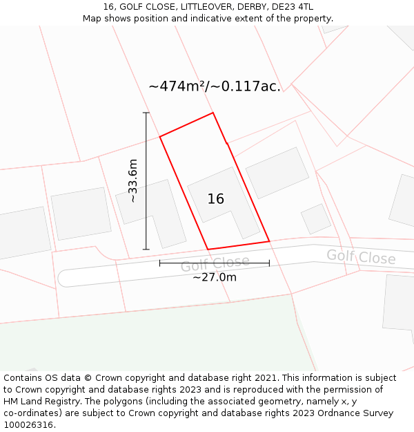 16, GOLF CLOSE, LITTLEOVER, DERBY, DE23 4TL: Plot and title map