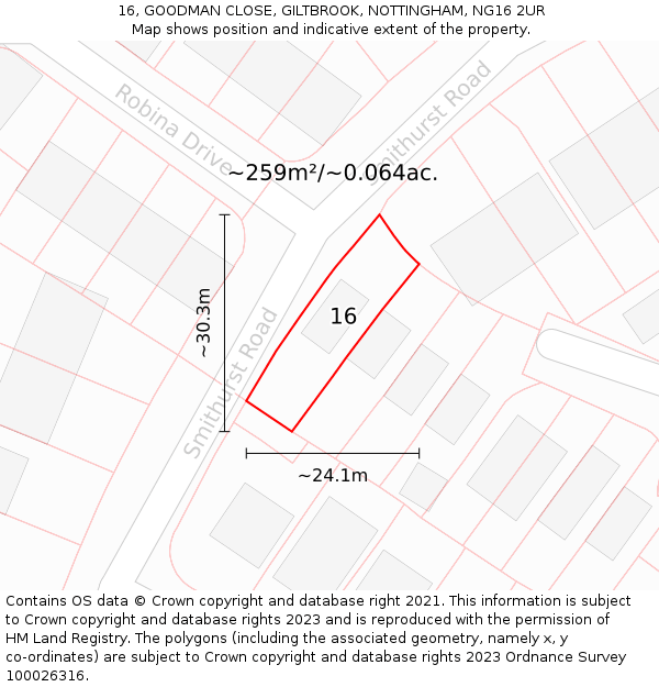 16, GOODMAN CLOSE, GILTBROOK, NOTTINGHAM, NG16 2UR: Plot and title map