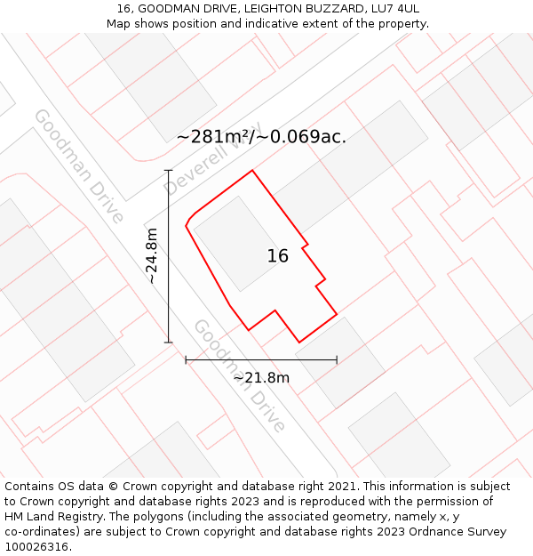 16, GOODMAN DRIVE, LEIGHTON BUZZARD, LU7 4UL: Plot and title map