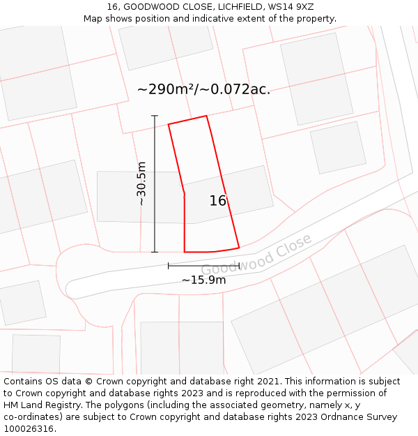 16, GOODWOOD CLOSE, LICHFIELD, WS14 9XZ: Plot and title map