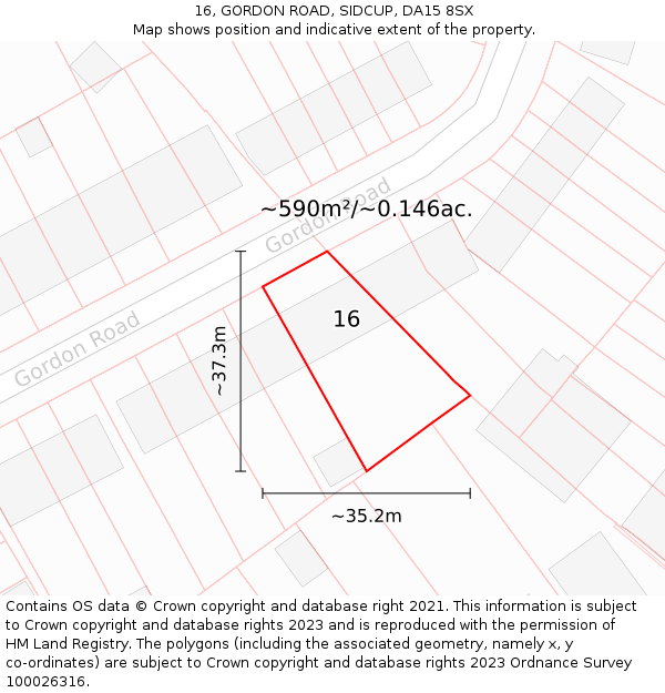 16, GORDON ROAD, SIDCUP, DA15 8SX: Plot and title map