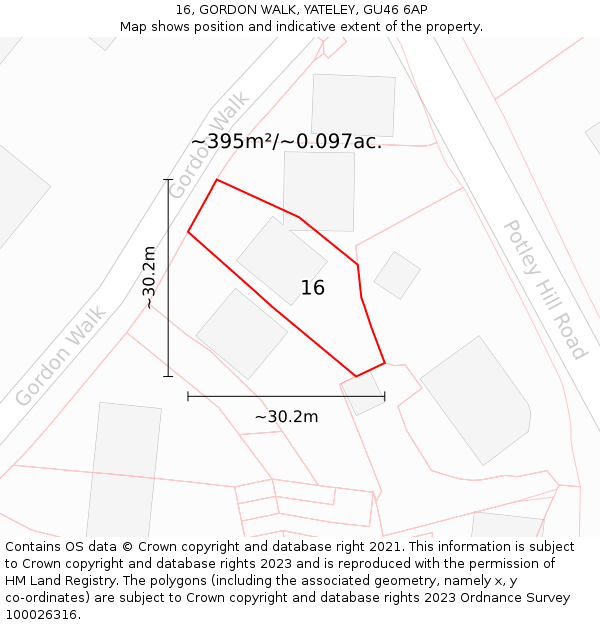 16, GORDON WALK, YATELEY, GU46 6AP: Plot and title map