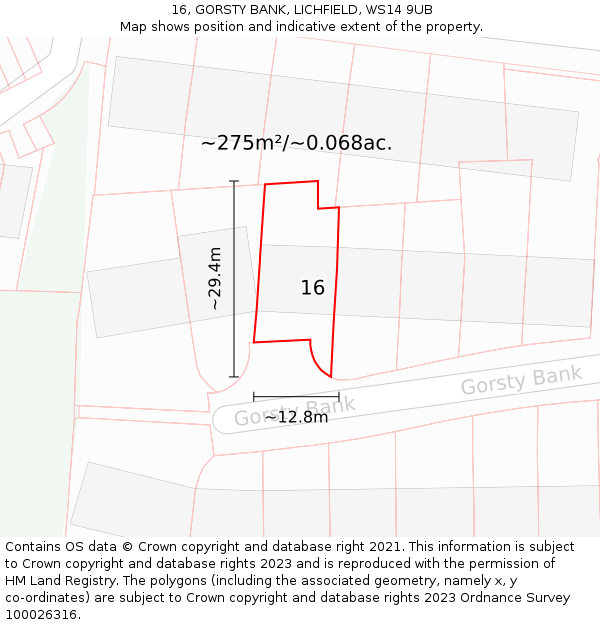 16, GORSTY BANK, LICHFIELD, WS14 9UB: Plot and title map