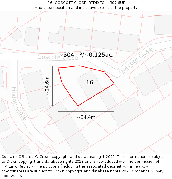 16, GOSCOTE CLOSE, REDDITCH, B97 6UF: Plot and title map