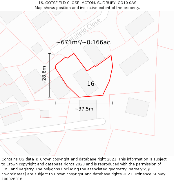16, GOTSFIELD CLOSE, ACTON, SUDBURY, CO10 0AS: Plot and title map
