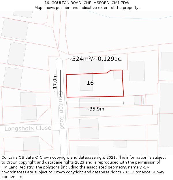 16, GOULTON ROAD, CHELMSFORD, CM1 7DW: Plot and title map