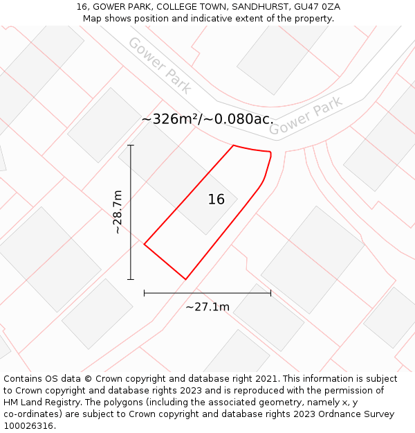 16, GOWER PARK, COLLEGE TOWN, SANDHURST, GU47 0ZA: Plot and title map