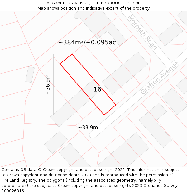 16, GRAFTON AVENUE, PETERBOROUGH, PE3 9PD: Plot and title map