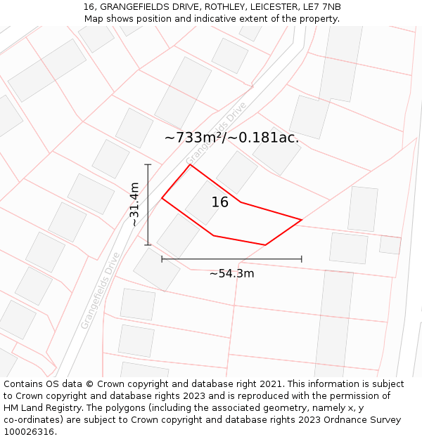 16, GRANGEFIELDS DRIVE, ROTHLEY, LEICESTER, LE7 7NB: Plot and title map