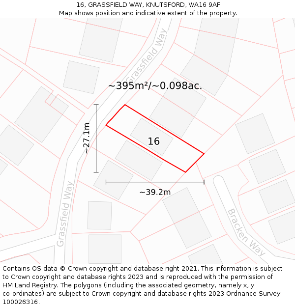 16, GRASSFIELD WAY, KNUTSFORD, WA16 9AF: Plot and title map