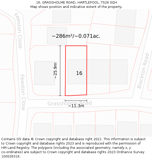 16, GRASSHOLME ROAD, HARTLEPOOL, TS26 0QH: Plot and title map
