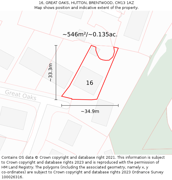 16, GREAT OAKS, HUTTON, BRENTWOOD, CM13 1AZ: Plot and title map