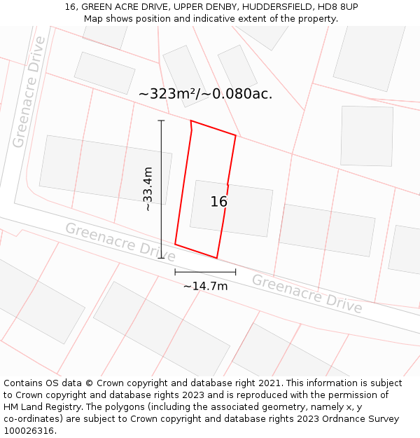 16, GREEN ACRE DRIVE, UPPER DENBY, HUDDERSFIELD, HD8 8UP: Plot and title map
