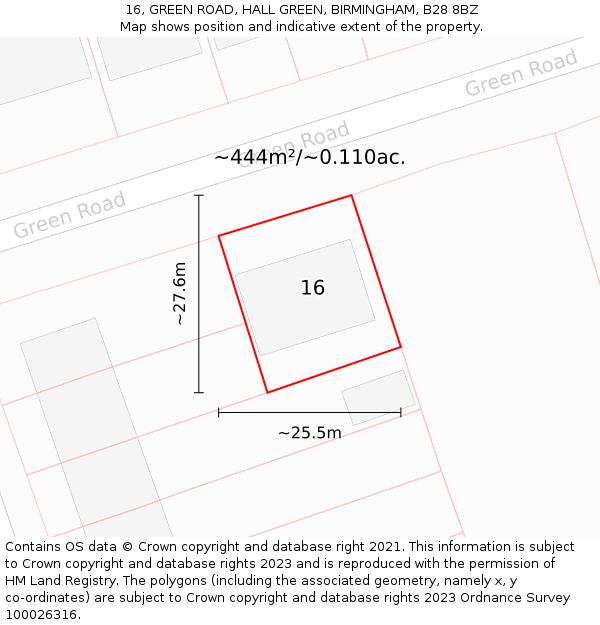 16, GREEN ROAD, HALL GREEN, BIRMINGHAM, B28 8BZ: Plot and title map