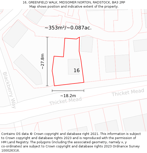 16, GREENFIELD WALK, MIDSOMER NORTON, RADSTOCK, BA3 2RP: Plot and title map
