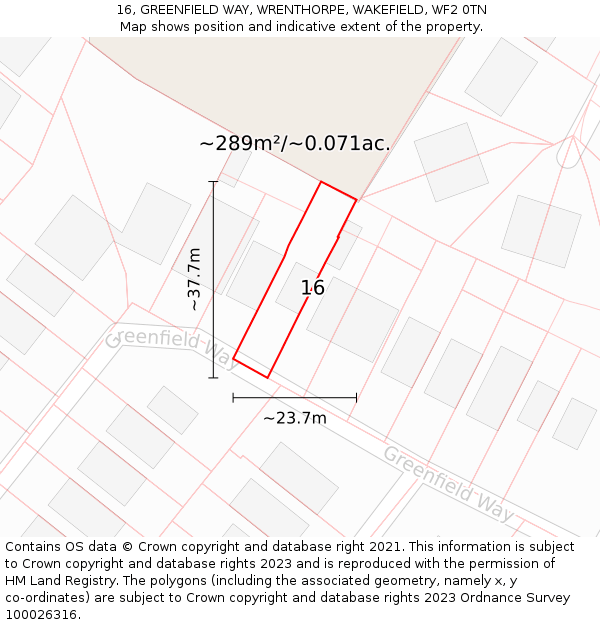 16, GREENFIELD WAY, WRENTHORPE, WAKEFIELD, WF2 0TN: Plot and title map