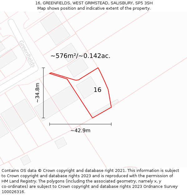 16, GREENFIELDS, WEST GRIMSTEAD, SALISBURY, SP5 3SH: Plot and title map