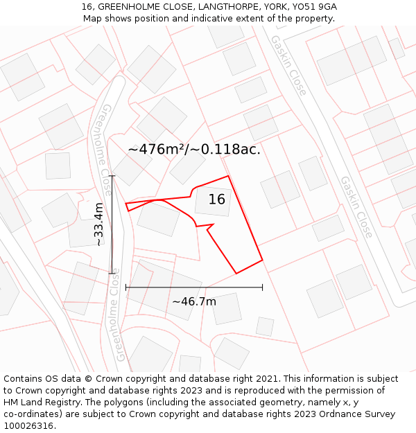 16, GREENHOLME CLOSE, LANGTHORPE, YORK, YO51 9GA: Plot and title map