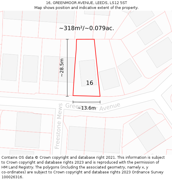16, GREENMOOR AVENUE, LEEDS, LS12 5ST: Plot and title map