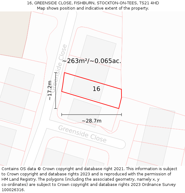 16, GREENSIDE CLOSE, FISHBURN, STOCKTON-ON-TEES, TS21 4HD: Plot and title map