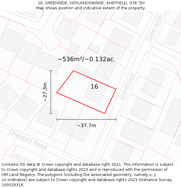 16, GREENSIDE, HOYLANDSWAINE, SHEFFIELD, S36 7JH: Plot and title map