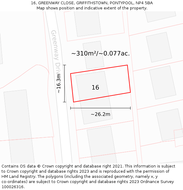 16, GREENWAY CLOSE, GRIFFITHSTOWN, PONTYPOOL, NP4 5BA: Plot and title map