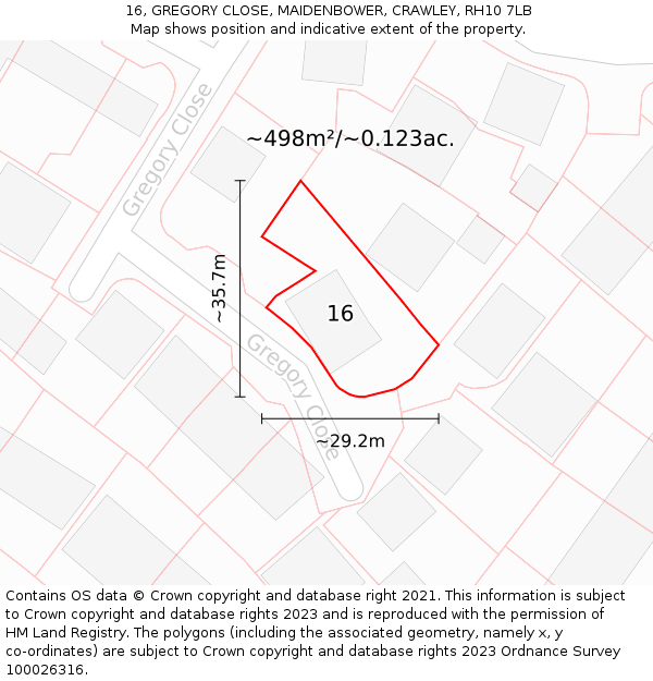 16, GREGORY CLOSE, MAIDENBOWER, CRAWLEY, RH10 7LB: Plot and title map