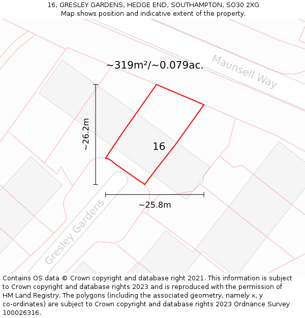 16, GRESLEY GARDENS, HEDGE END, SOUTHAMPTON, SO30 2XG: Plot and title map