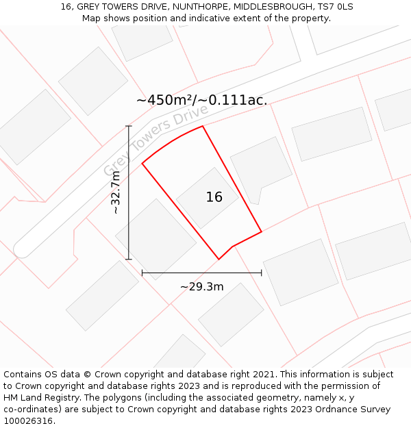 16, GREY TOWERS DRIVE, NUNTHORPE, MIDDLESBROUGH, TS7 0LS: Plot and title map