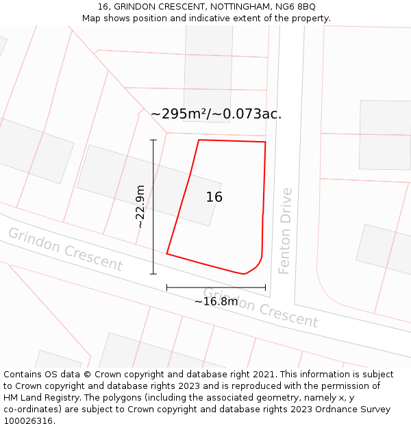 16, GRINDON CRESCENT, NOTTINGHAM, NG6 8BQ: Plot and title map