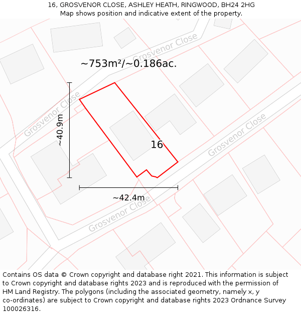 16, GROSVENOR CLOSE, ASHLEY HEATH, RINGWOOD, BH24 2HG: Plot and title map