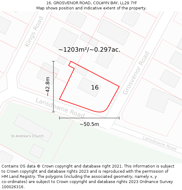16, GROSVENOR ROAD, COLWYN BAY, LL29 7YF: Plot and title map