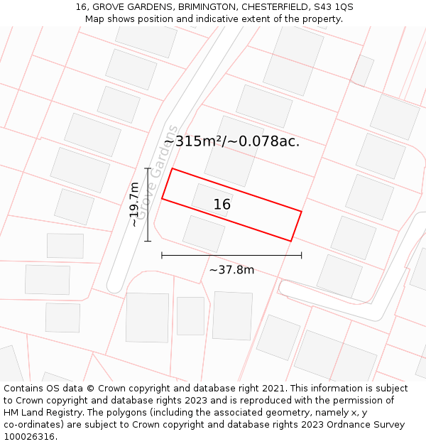 16, GROVE GARDENS, BRIMINGTON, CHESTERFIELD, S43 1QS: Plot and title map