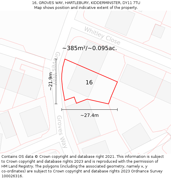 16, GROVES WAY, HARTLEBURY, KIDDERMINSTER, DY11 7TU: Plot and title map