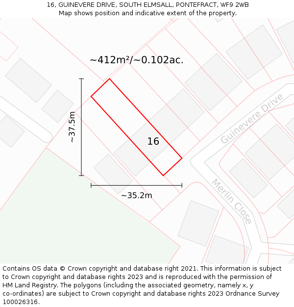 16, GUINEVERE DRIVE, SOUTH ELMSALL, PONTEFRACT, WF9 2WB: Plot and title map