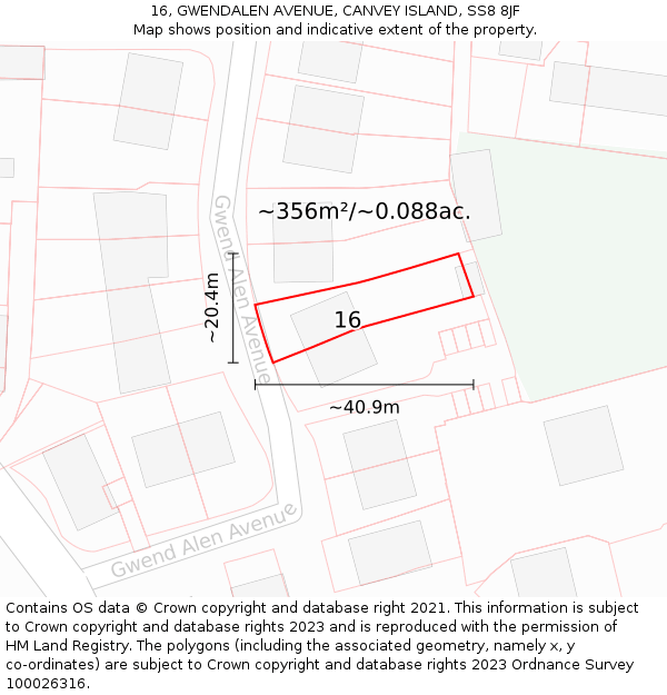 16, GWENDALEN AVENUE, CANVEY ISLAND, SS8 8JF: Plot and title map
