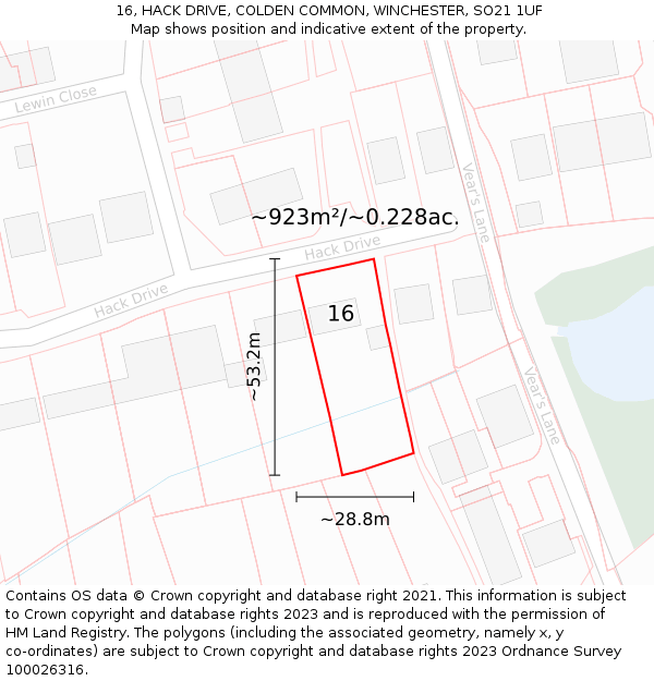 16, HACK DRIVE, COLDEN COMMON, WINCHESTER, SO21 1UF: Plot and title map